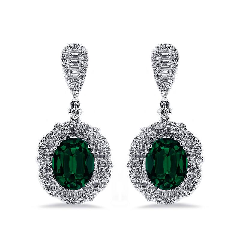 Auriya 4 9/10ct Fancy Oval-cut Emerald Halo Diamond Drop Earrings 2 1/8ctw 18k Gold