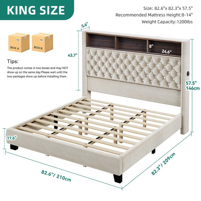 Moasis King Size Velvet Upholstered Bed Frame with Storage Headboard with USB Charging Stations