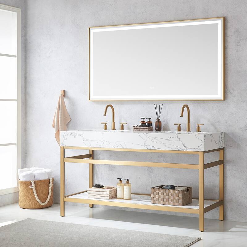 Ecija Bath Vanity, Metal Support with Composite Stone Top and Mirror