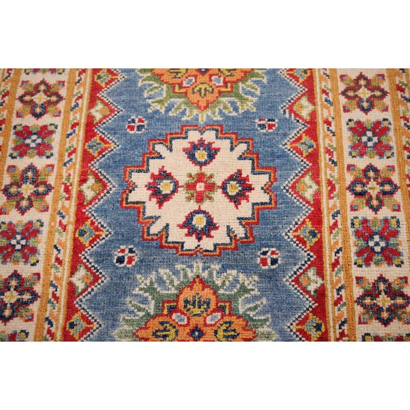 Blue Geometric Kazak Oriental Foyer Rug Hand-Knotted Wool Carpet - 2'0" x 2'9"