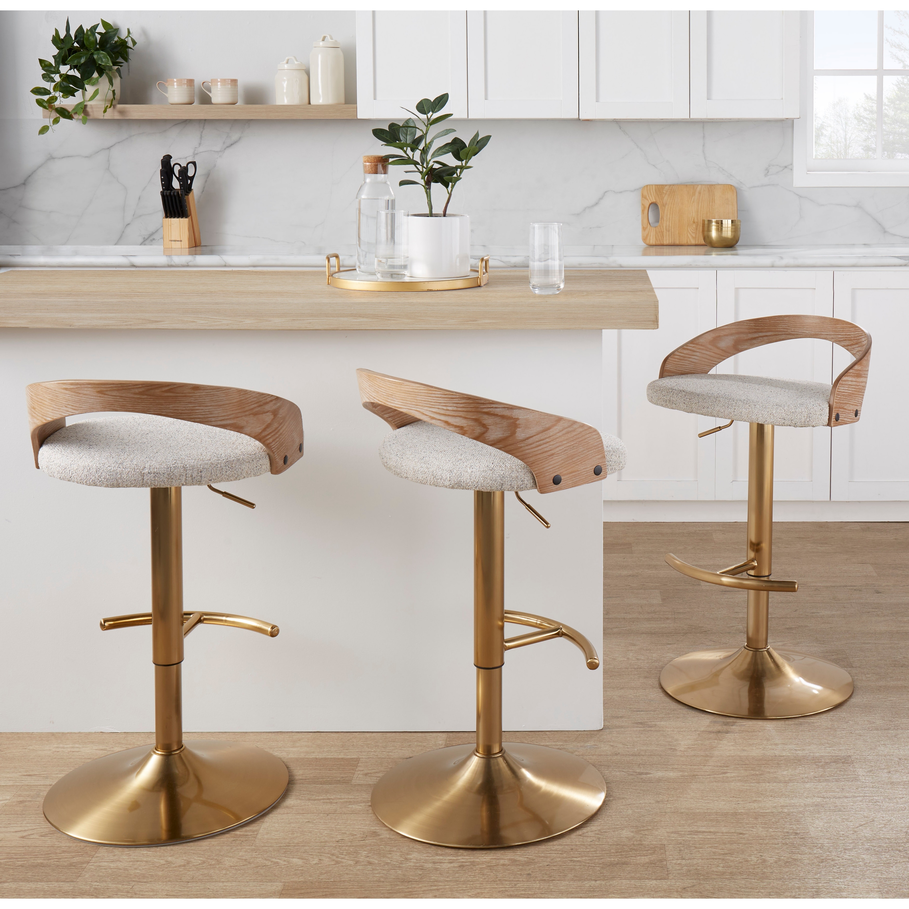 Grotto Adjustable Barstool with Gold Base - Set Of 3