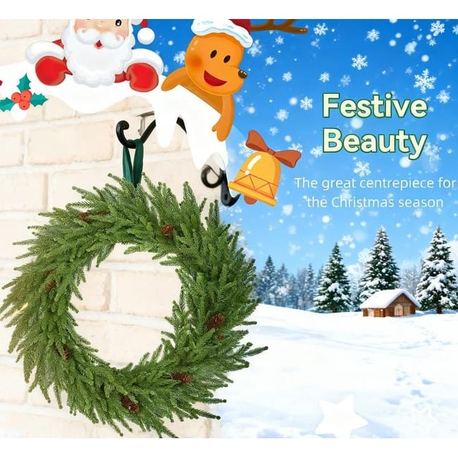 Anmytek Festive Artificial Norfolk Pine Christmas Wreath - Front Door Holiday Decor with Pine Cones