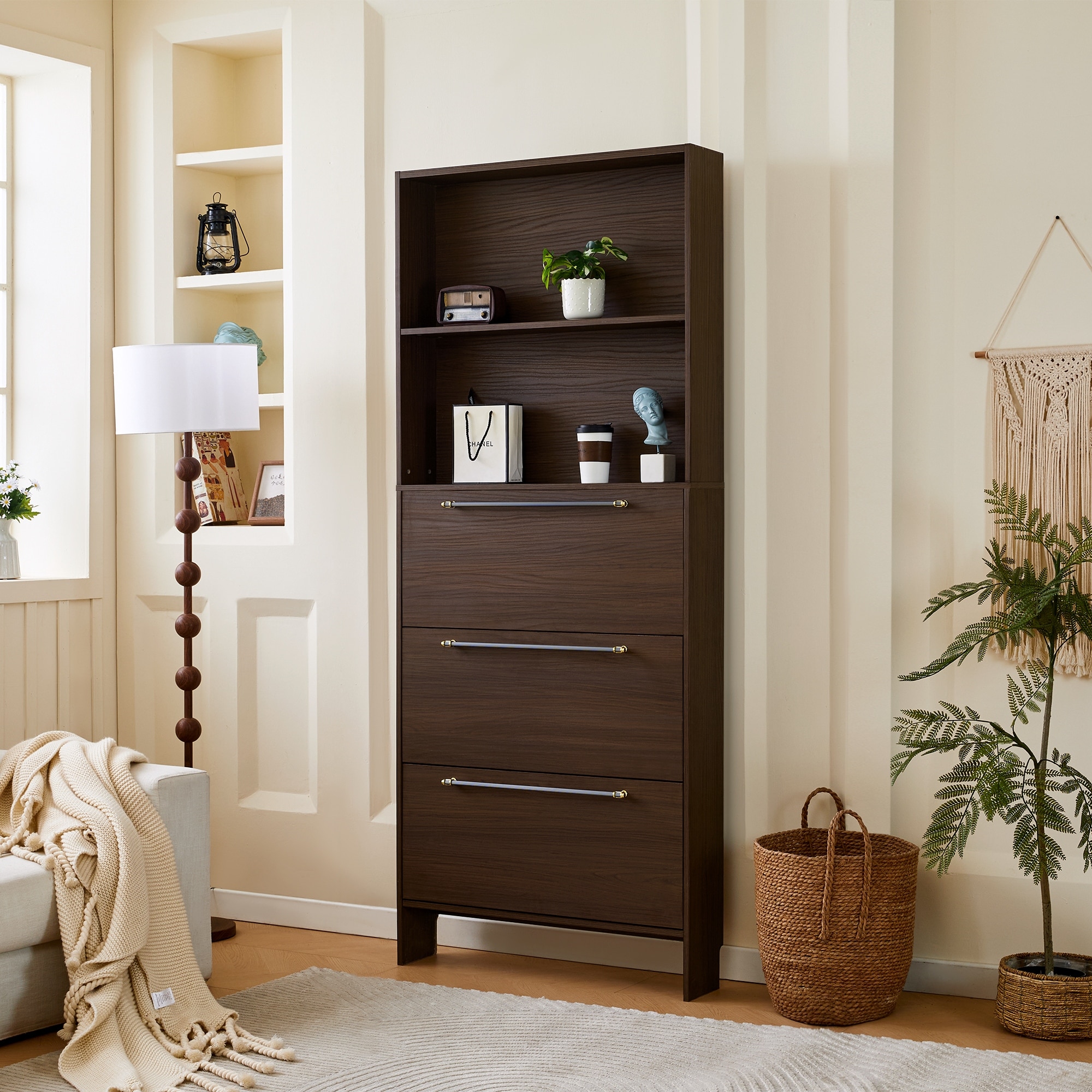 Wood Shoe Cabinet for Hallway with 3 Flip Drawers, Narrow Shoe Rack Cabinet, Entryway Shoe Storage Cabinet with Open Shelves