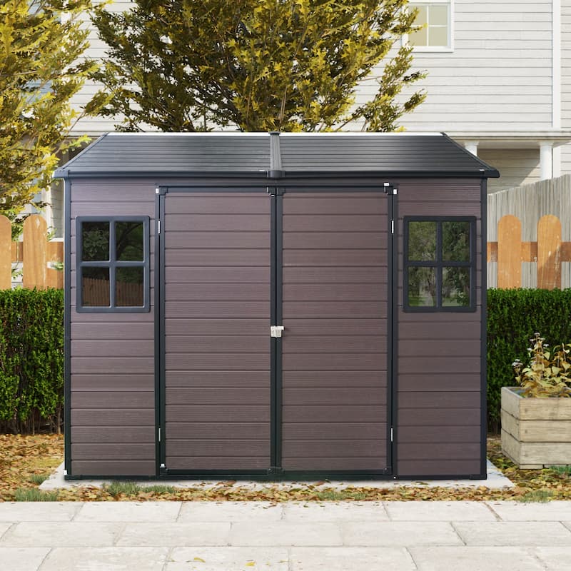 Resin Outdoor Storage Shed UV-Proof Garden Tool Shed with Sloping Roof & Lockable Double Doors, Built-in Floor