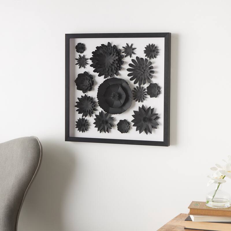 Black Paper Cluster Floral Shadow Box with Varying Shapes and Sizes - Black - Floral