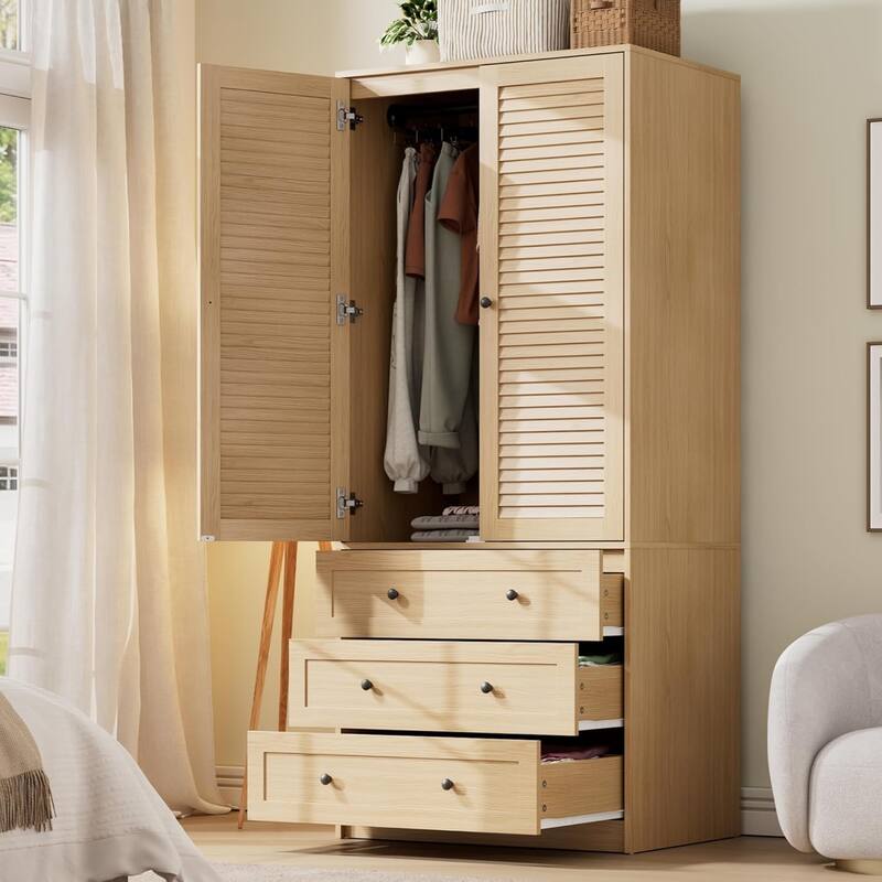 Garvee Louvered Door Armoire Wardrobe Closet with Drawers, 69.5" Wooden Wardrobe Cabinet with Hanging Rod - Oak