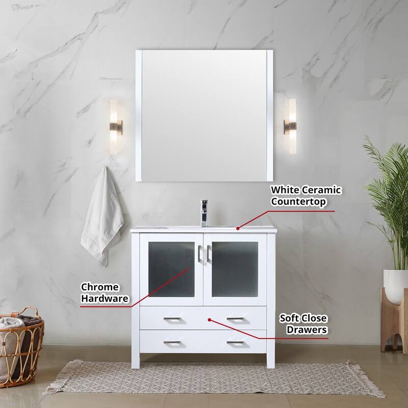 Volez Bath Vanity, White Ceramic Top and Mirror