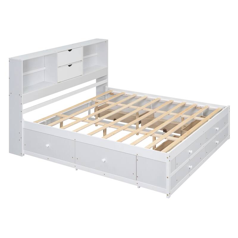 Queen Size Platform Bed with Storage Headboard and 8 Drawers