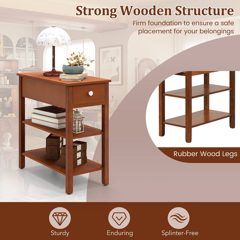 Gymax 2 PCS Narrow End Tables w/Drawer Shelves & Rubber Wood Legs Sofa