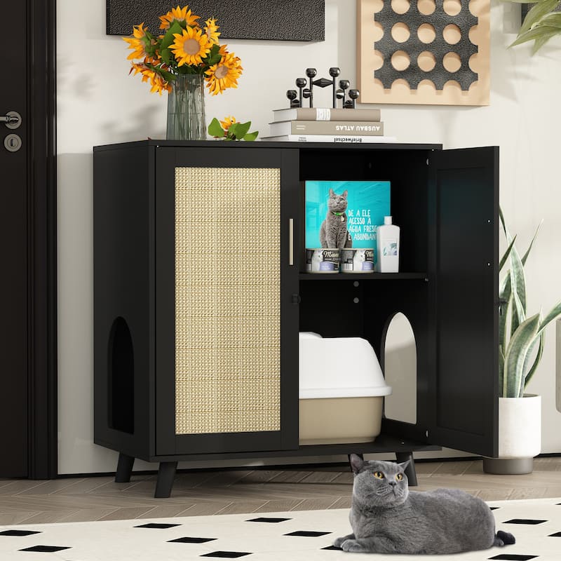 Buffet Cat Litter Box Enclosure Cabinet Hidden Cat Washroom Furniture - 31.5"W - Black