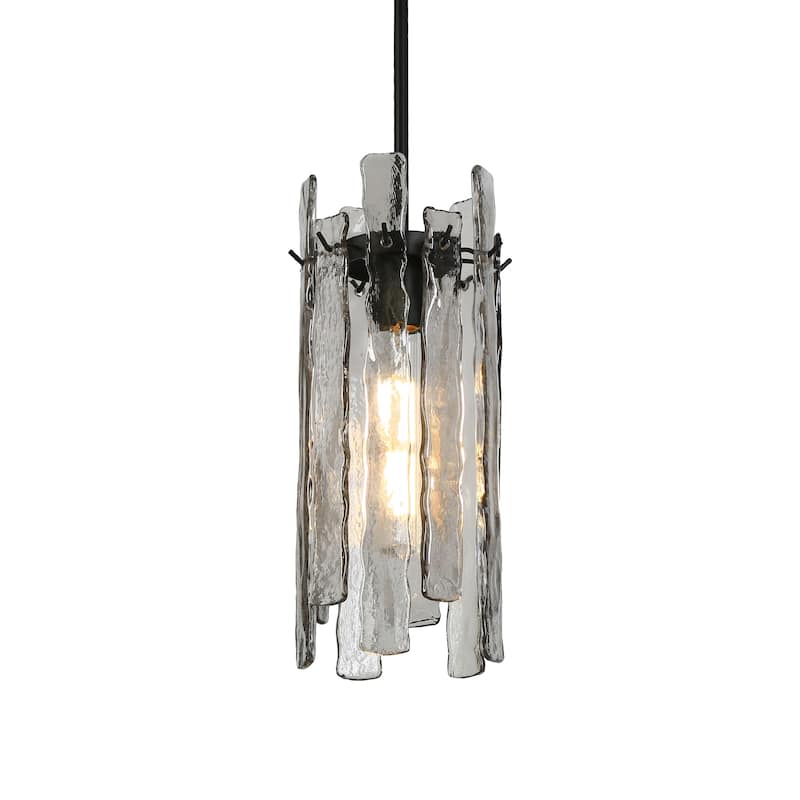 Modern 1-Light Black Cylinder Pendant Light Texture Glass Island Light - D 7.9" x H 16.5"