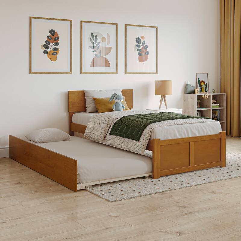 Orlando Platform Bed with Footboard and Twin Trundle Bed - Light Toffee - Twin