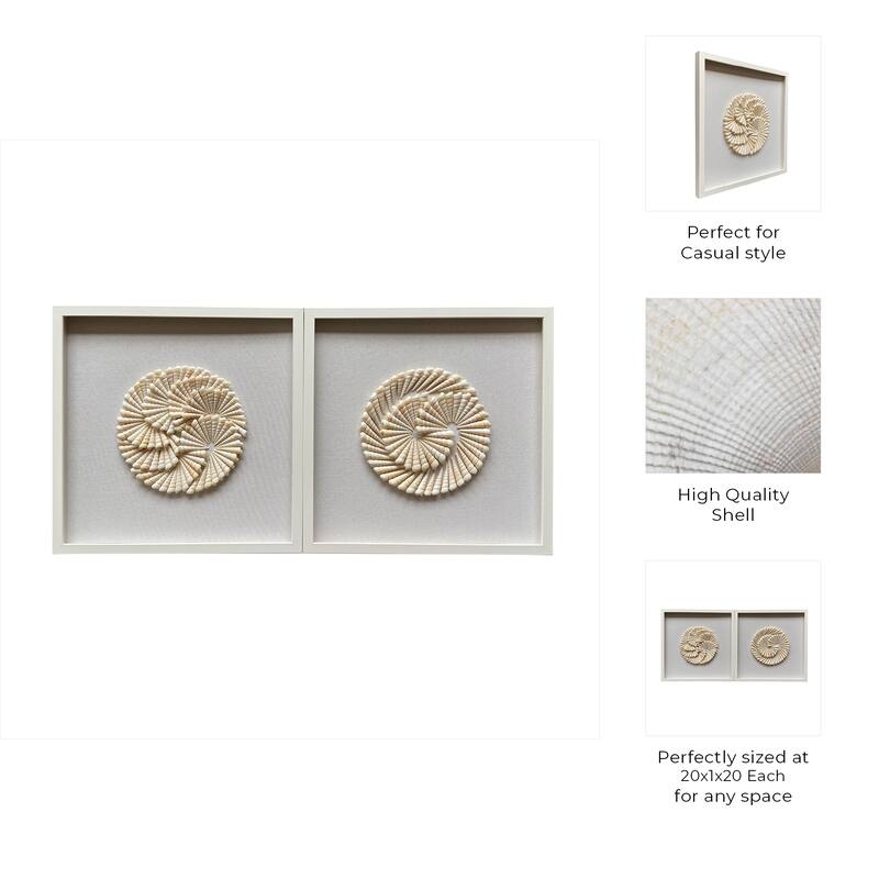 Shell Wood Frame Wall Art Coastal Spiral Design (Set of 2) - 20" Ivory
