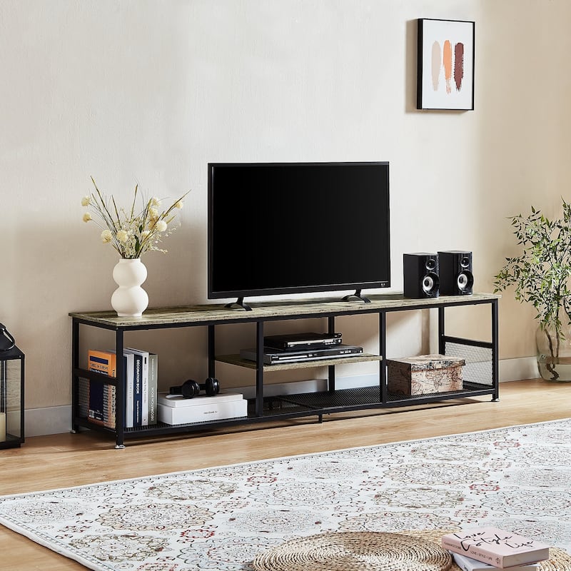 VECELO Industrial TV Stand for Televisions up to 80 Inch,70" Entertainment Center with Open Storage Shelves,Console Table