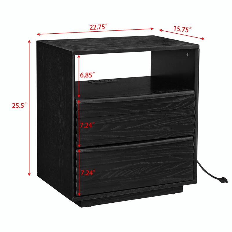 Mid Century Nightstand with Charging Station & 2 Drawers