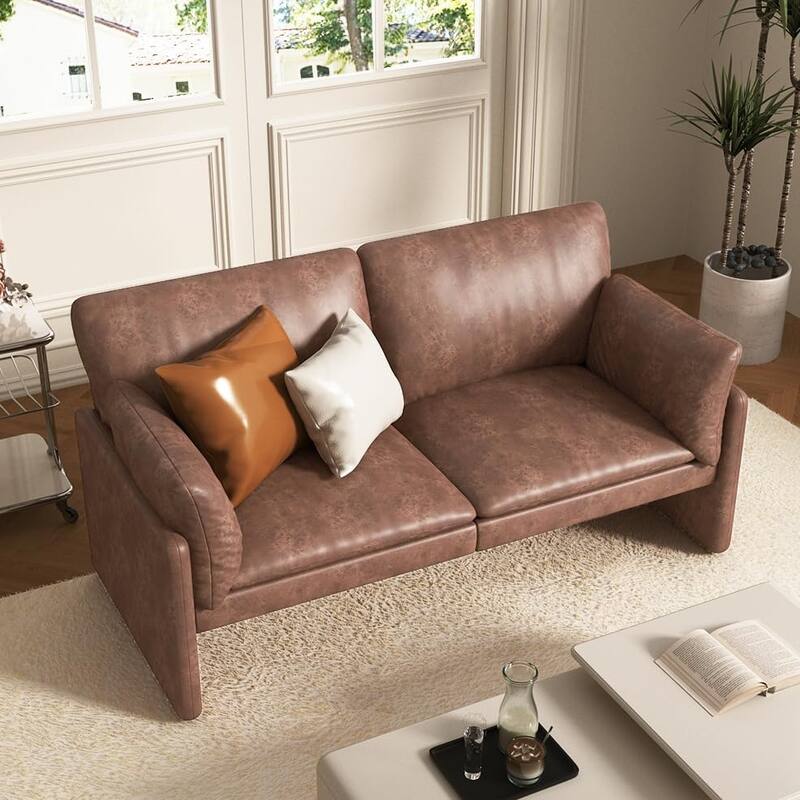 AECOJOY Love Seat Couch 68'' Modern Faux Leather Couch w/ Soft Cushion&Thick Armrest - Brown