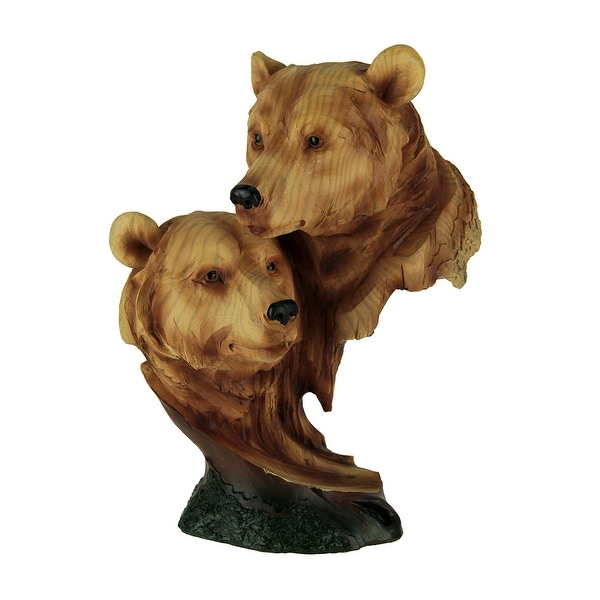Faux Carved Bear Heads Wood Look Statue - 9 X 6.25 X 3.5 inches