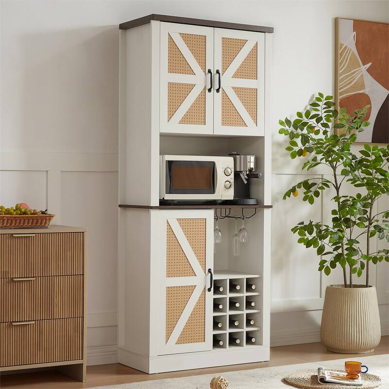 Bar Cabinet with Square Compartments and Shelves - White+Walnut