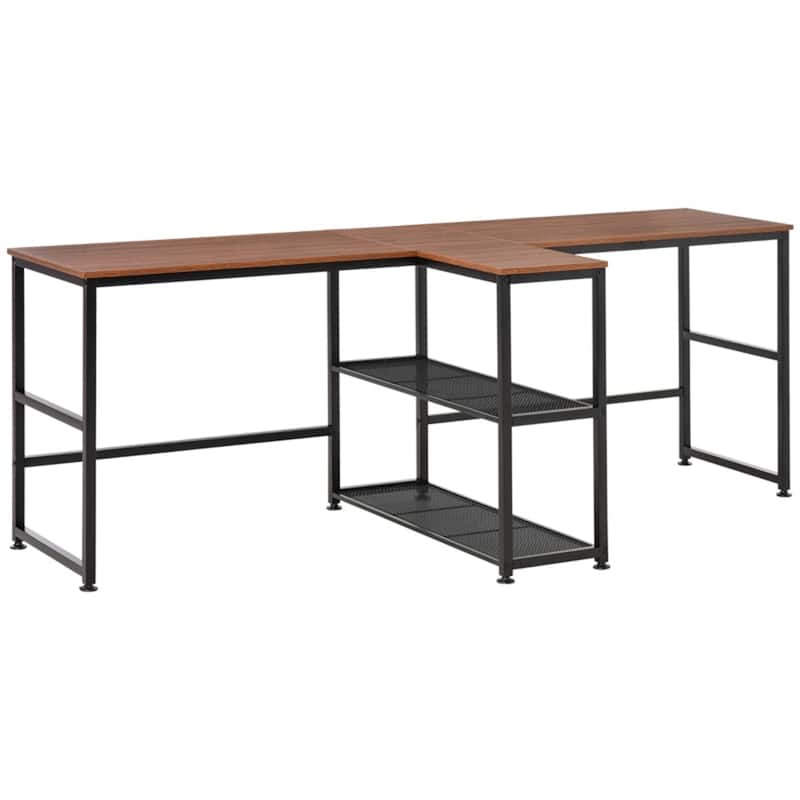 Double Workstation Desk with Storage Shelves Two Person Computer Table with Steel Frame for Home Office Study Room - Brown