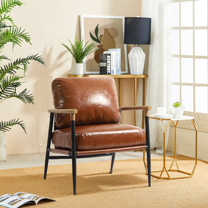 Madison 27'' Wide Vegan Leather/ Chenille Metal Frame Accent Chair - Brown
