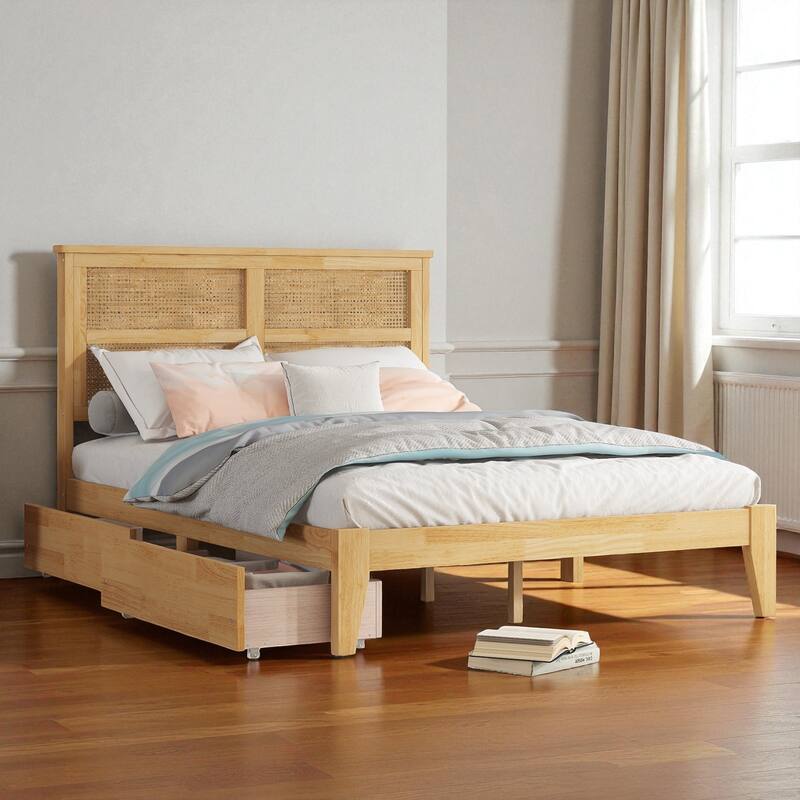 Full/King Size Rubber Wood Bed with Rattan Headboard and 2 Storage Drawers, Solid Frame with Reinforced Support Slats and Feet