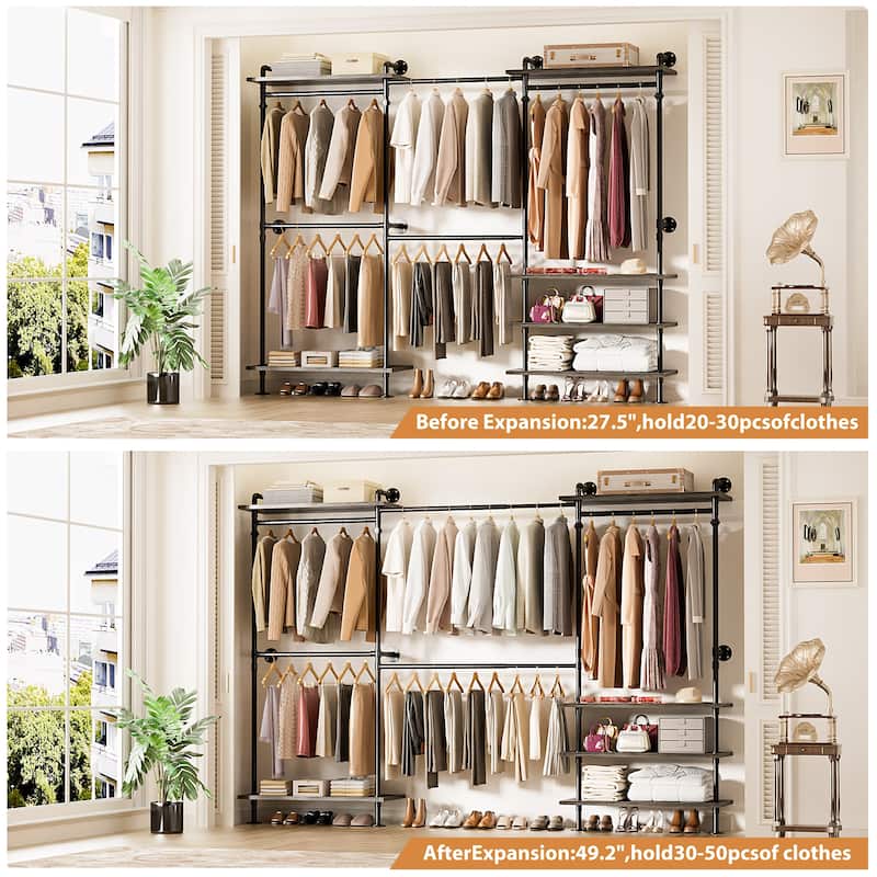 Expandable Industrial Pipe Clothing Rack with 6 Open Shelves,Adjustable Walk-in Closet Organizer System Garment Rack