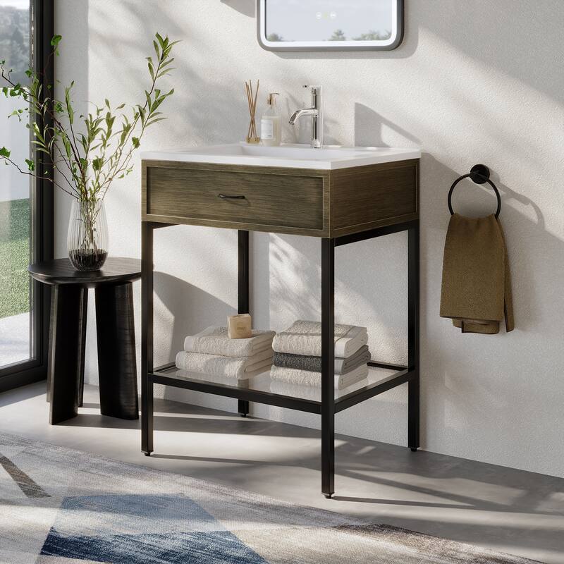 Ansel Freestanding Bathroom Vanity with Single Sink, One Glass Shelf, Metal Legs