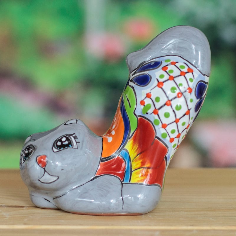 Novica Handmade Feline Stretching Ceramic Figurine