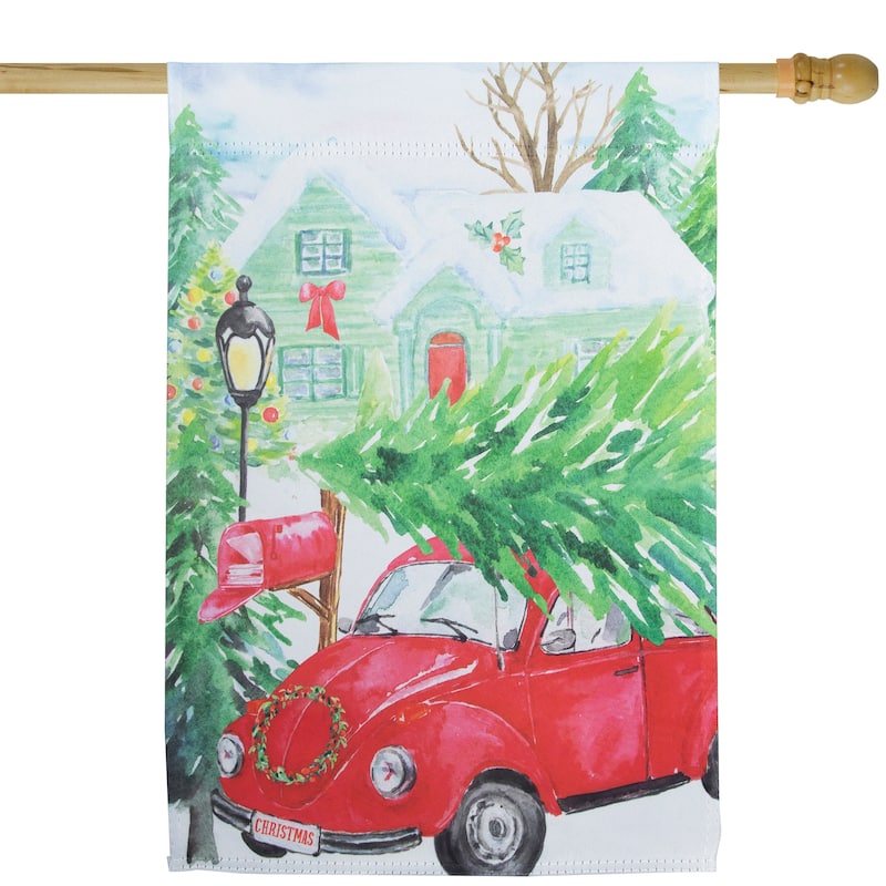 Red Car and Christmas Tree Outdoor House Flag 20" x 48"