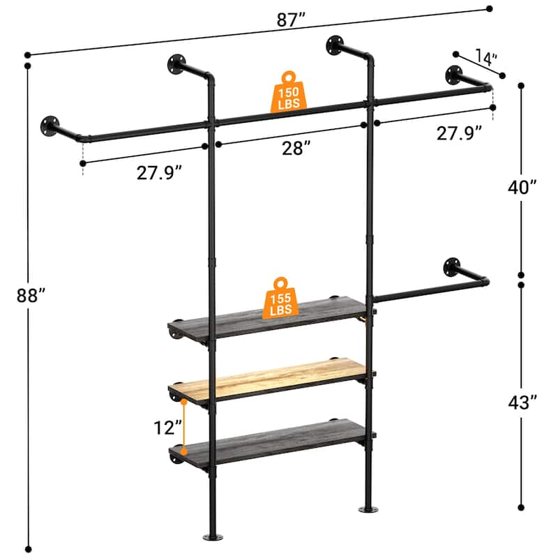 87"W Industrial Pipe Clothing Racks with LED Lights & Open Shelves,Reversible Walk-in Closet Oraganizer System Garment Racks