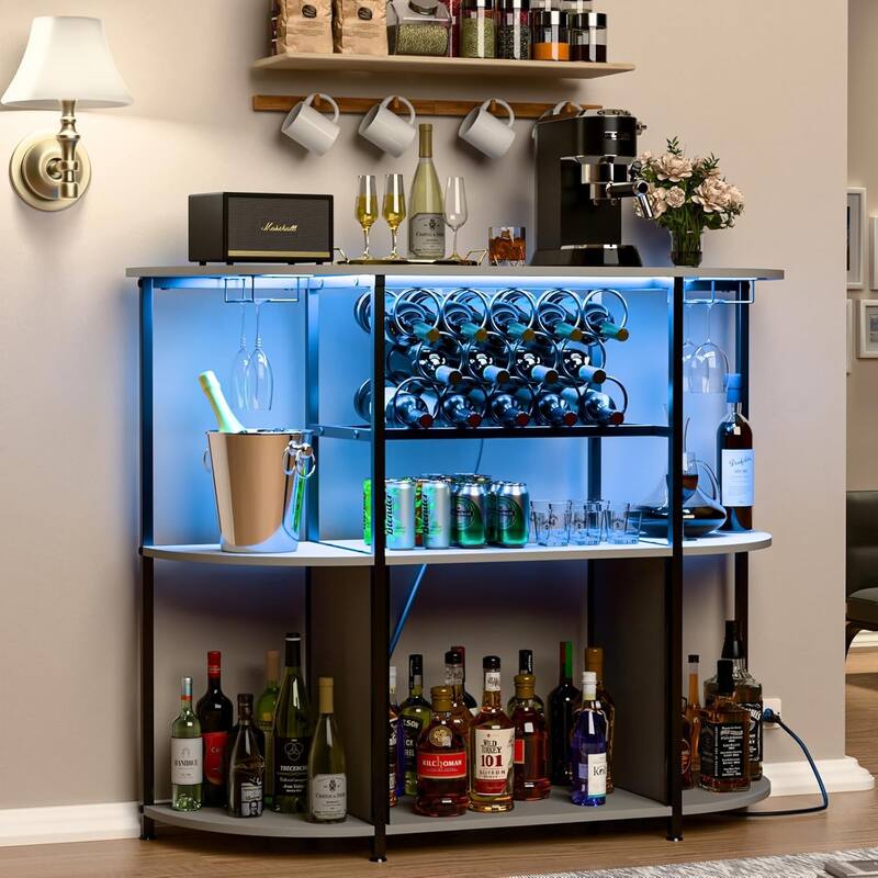 BOSSIN Wine Rack with Power Outlet and LED Lights, Home Bar Table Cabinet for Liquor with Fireplace,4-Tier Storage Glass Holder