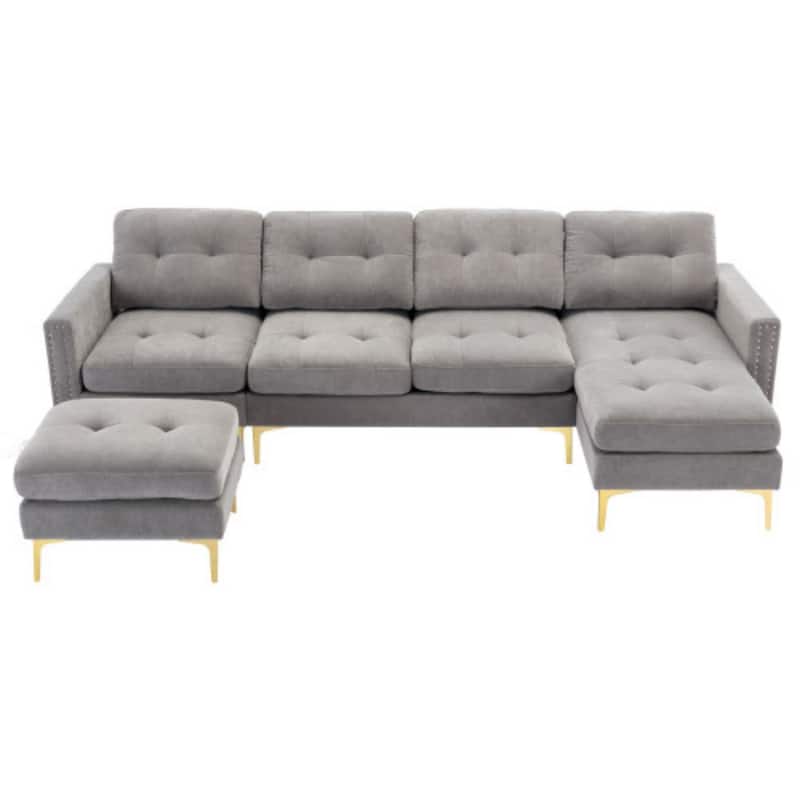 U-Shape Convertible Sectional Sofa with Movable Ottoman and Gold Metal Legs