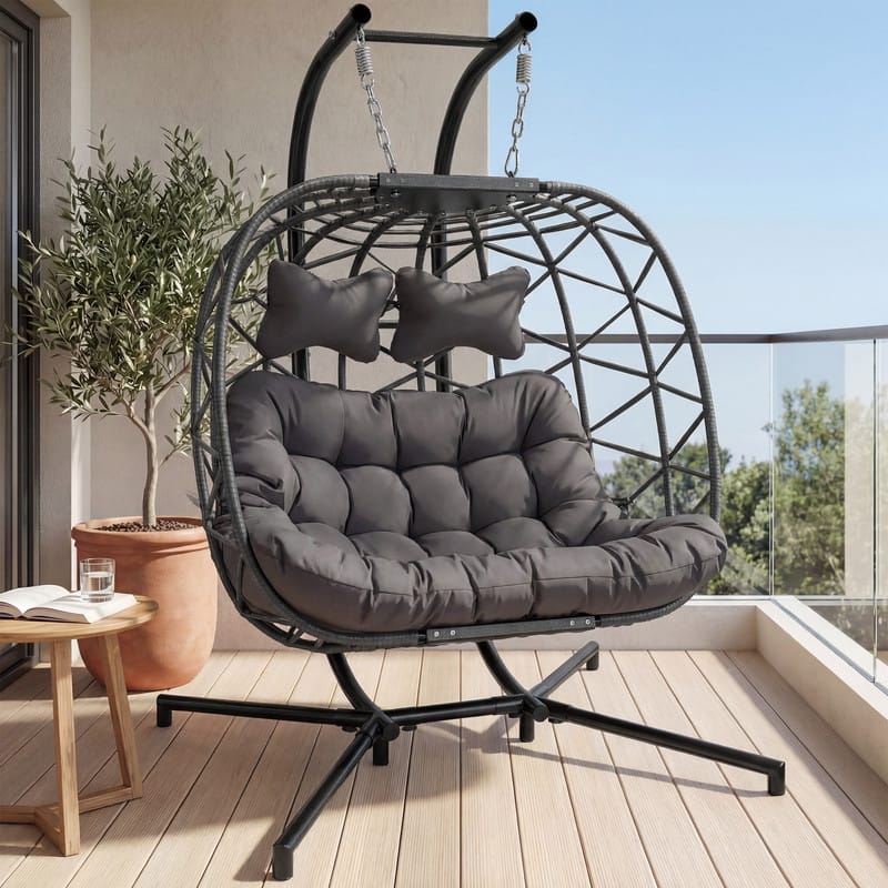 Oversized Outdoor Double Swing Egg Chair, 700 lbs Capacity 2-Person Hanging Egg Chair Swing with Cushion - Dark Grey