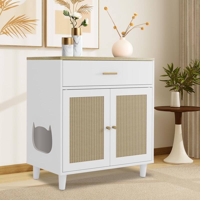 Hidden Cat Litter Box Furniture with Storage Drawer, Wood Cats Litter Enclosure Cabinet with 2 Sisal Doors - white - white