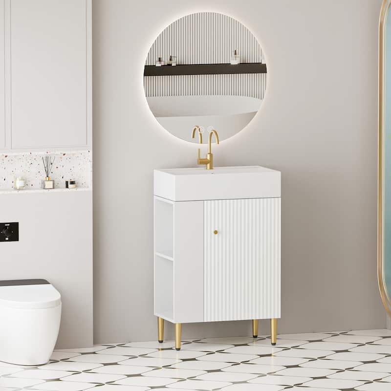 Open-shelving Bathroom Vanity with Ceramic Sink and Soft-Closing Door, Cloakroom Open Shelf Storage Cabinet on the Left Side