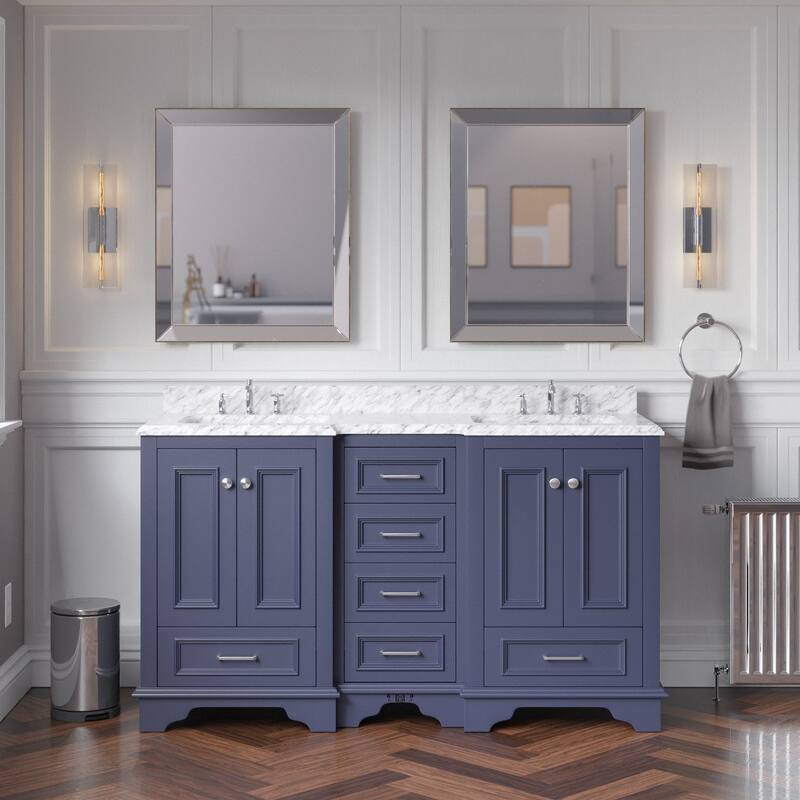 KitchenBathCollection Nantucket 60" Double Bathroom Vanity with Carrara Marble Top - Marine Gray