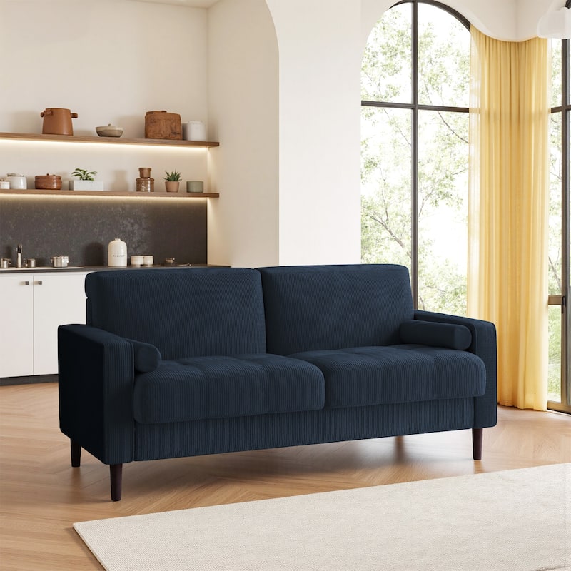62.5'' W Corduroy Couch Upholstered Square Arm Sofa - Blue