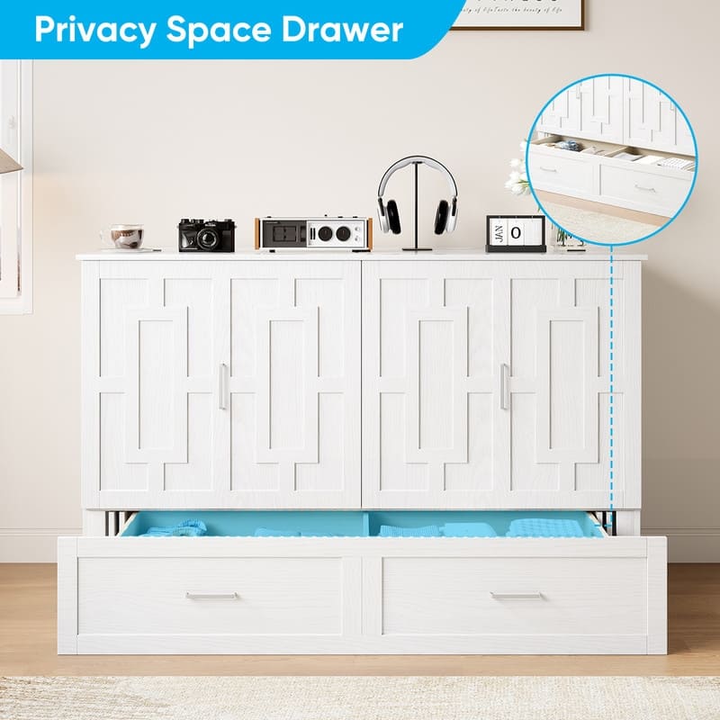 Mixoy Queen Modern Murphy Bed Chest with Mattress,Storage Drawer,Charging Station