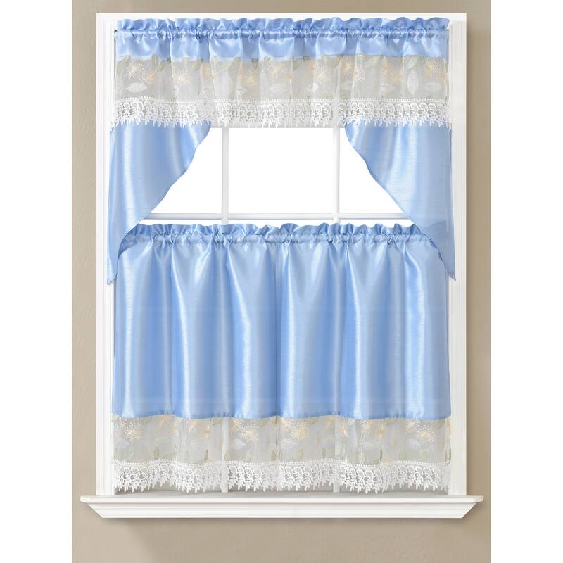 Macrame Subtle Embroidered Kitchen Curtains - Leaf - Blue