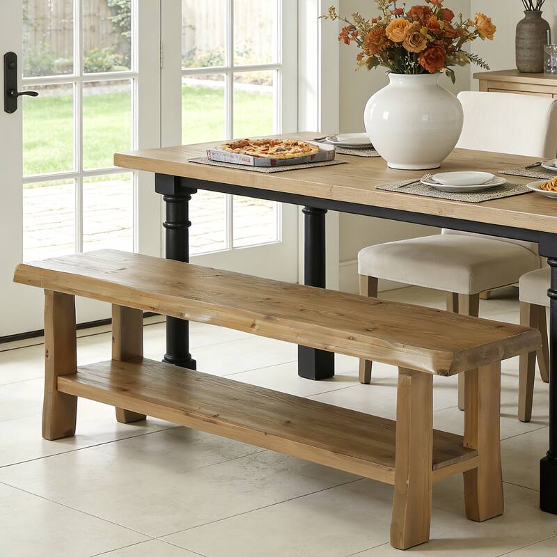 55" Solid Wood Dining Bench with Storage Shelf