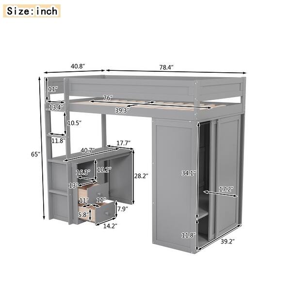 Classic Twin Loft Bed Solid Wood Structure Slats Loft Bed with All-in-One Desk Drawers ,Guardrail, Sliding Doors Cabinet - Grey