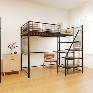 Loft Bed with Charging Station , Metal High Loft Bed with LED Lights, Bed with Safety Guard & Ladder