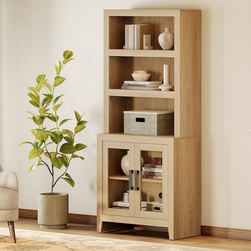 WAMPAT 3 Tier Bookshelf with Glass Door, 74" Tall Bookcase with Adjustable Shelf and Storage Cabinet, Farmhouse Wooden Bookshelf - 31-inch width - Oak