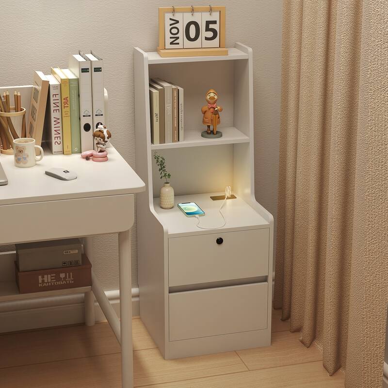 Nightstand with Charging Station, Smart Nightstand with Night Light, Modern Night Stand with Bookshelf