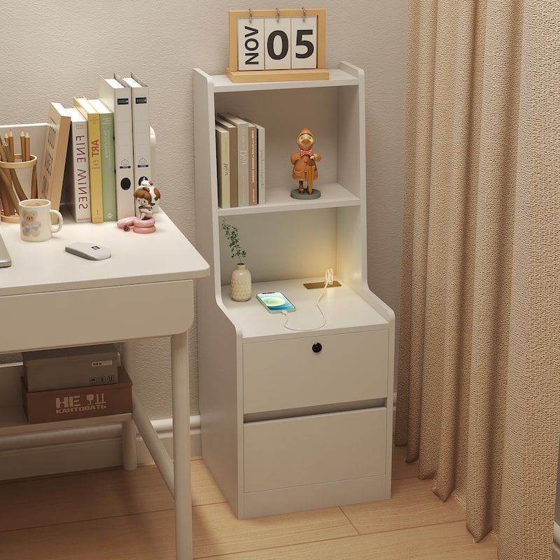 Smart Nightstand with Night Light and Charging Station, Sofa Side Table with Bookshelf, Coffee Table with 2 Storage Drawers