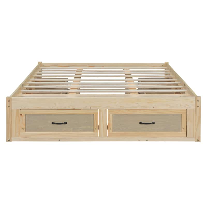 Queen Size Platform Bed Frame with 6 Built-In Storage Drawers, No Headboard, Low Profile Design in Antique