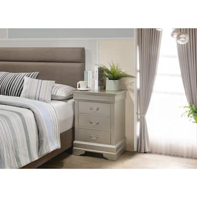 Silver Champagne Nightstand 29x21x16 with Three Drawers, Compact Bedside Table for Storage and Elegant Bedroom Accent