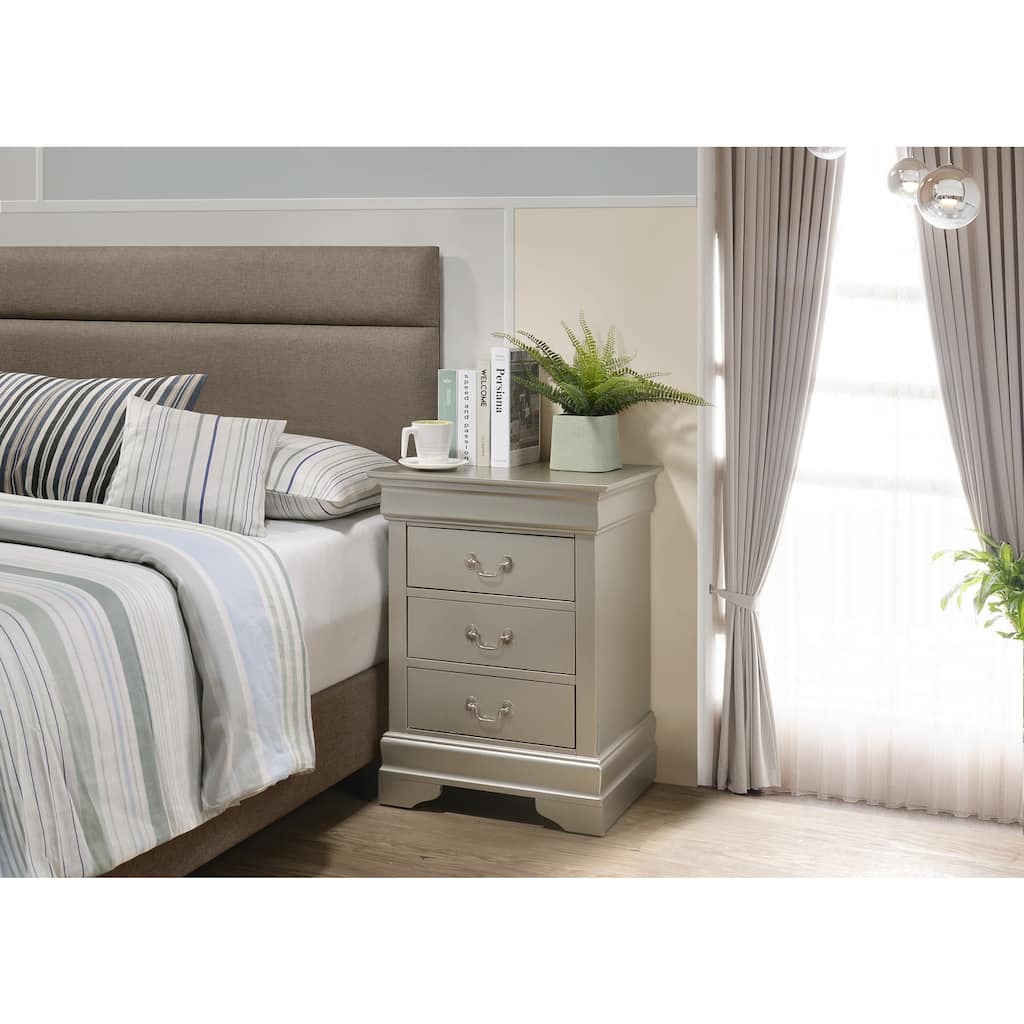 Silver Champagne Nightstand 29x21x16 with Three Drawers, Compact Bedside Table for Storage and Elegant Bedroom Accent
