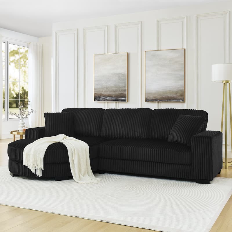 Roomfitters Corduroy Tufted Upholstered Sleeper Sectional Sofa, L-Shape Modular Convertible Sofa with Arc Footstool - Black