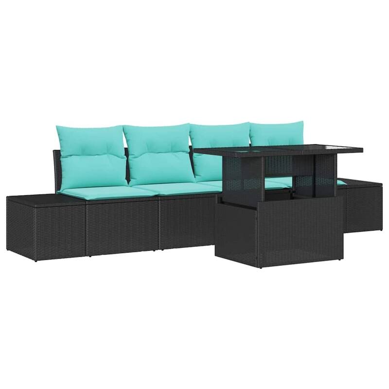 vidaXL 5 Piece Garden Sofa Set with Cushions Black Poly Rattan - 115.8×24.4×27.2